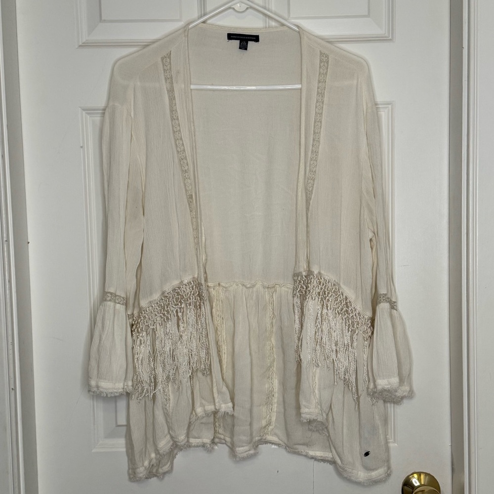 American Eagle Outfitters Cardigan Cotton Blend Lace Fringe Boho Size L XL Ivory